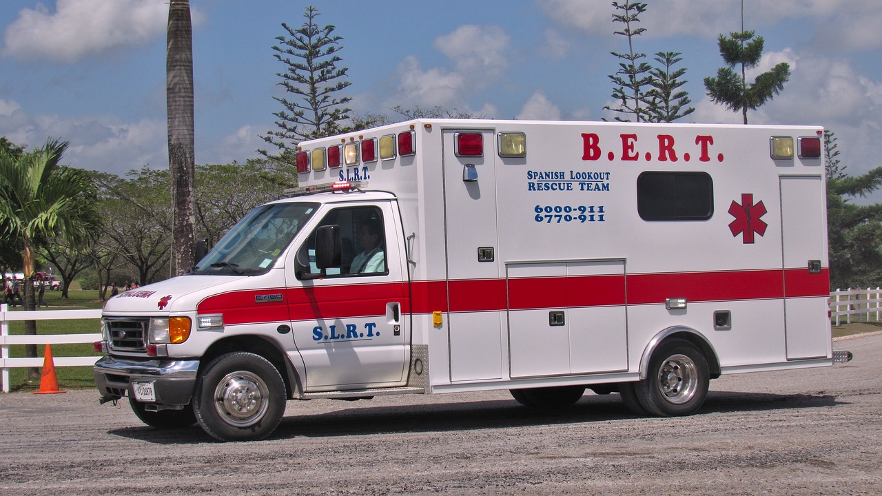 An ambulance on the road.